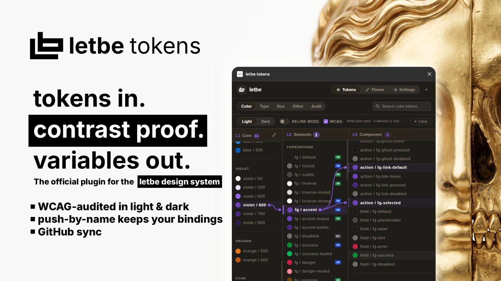 letbe tokens plugin promo — the plugin's three-tier token panel with WCAG badges beside the gold statue head, captioned: tokens in, contrast proof, variables out